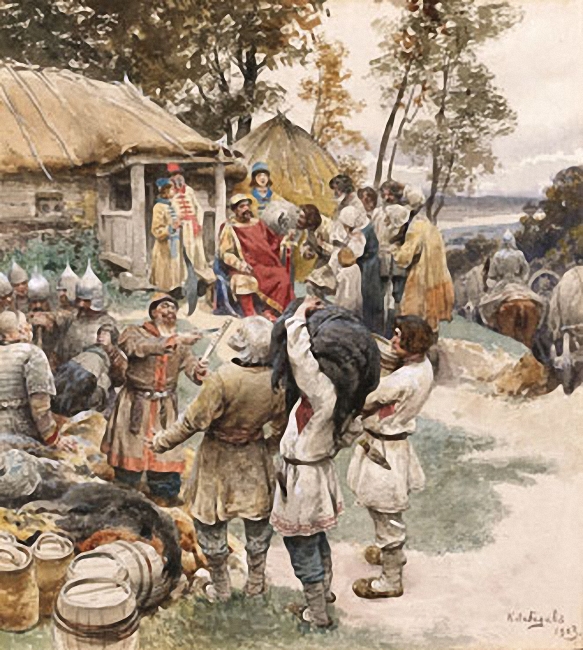 Князь Игорь собирает дань с древлян в 945 ( Худ. К.В. Лебедев)