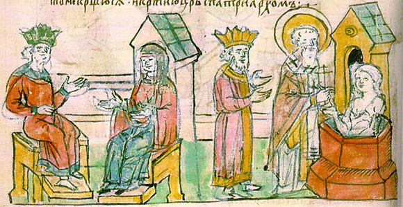 Крещение Ольги в Царьграде. Миниатюра из Радзивилловской летописи.